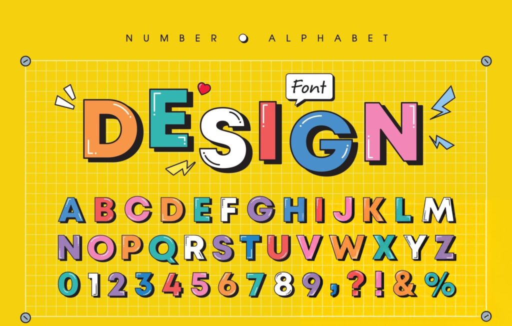 Bold, colourful typography on yellow grid showing design impact
