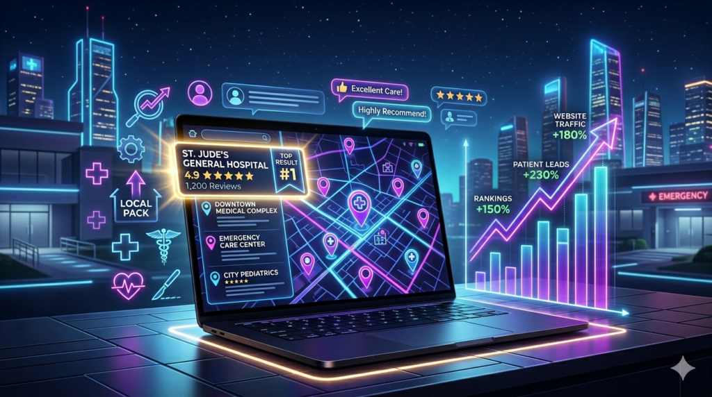 Local SEO for doctors and hospitals showing top Google rankings, patient reviews, and healthcare business growth analytics